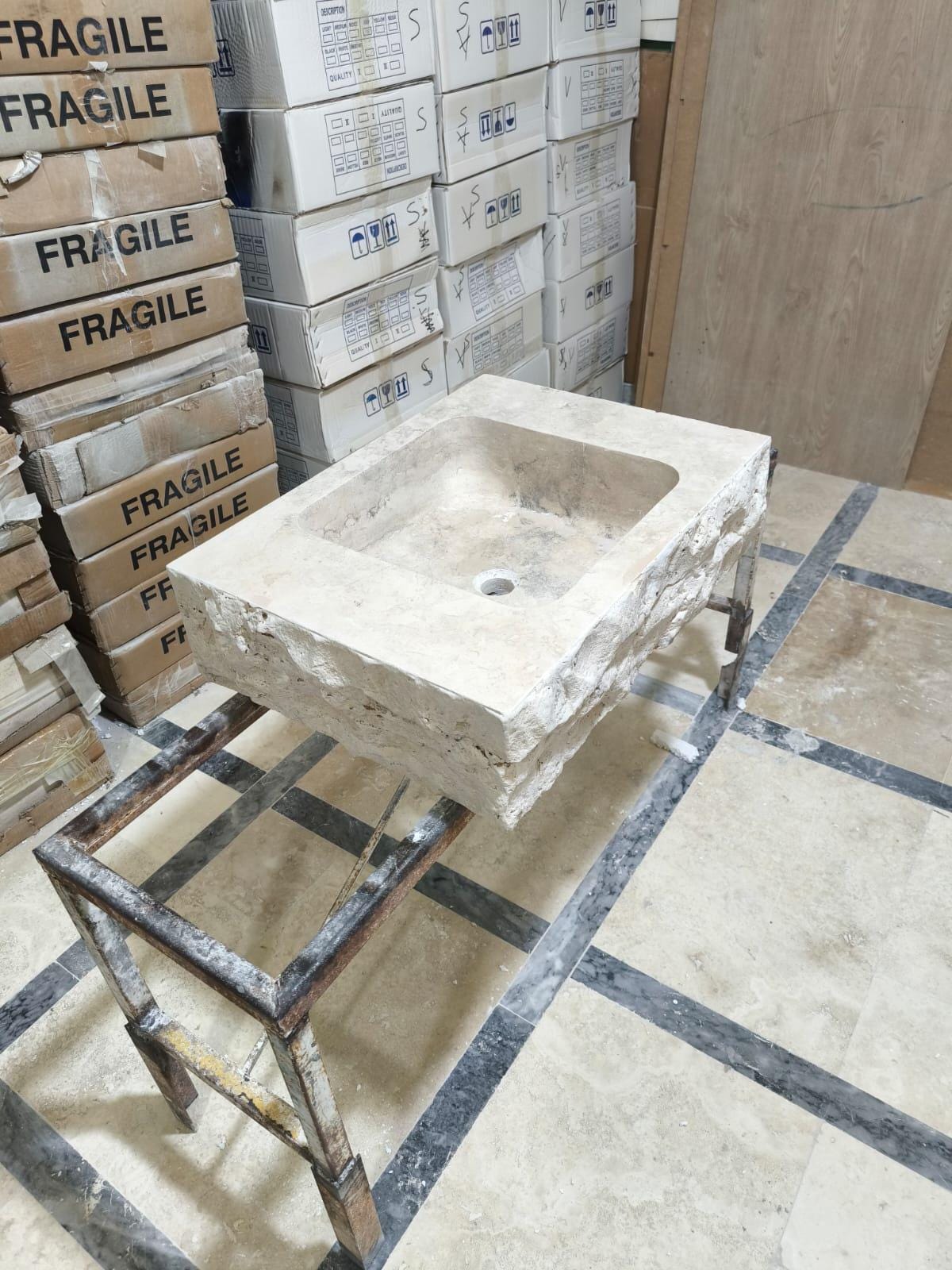 Natural Travertine Stone Sink: Bathroom Vanity, Powder Room Decor (26x19x6.5)