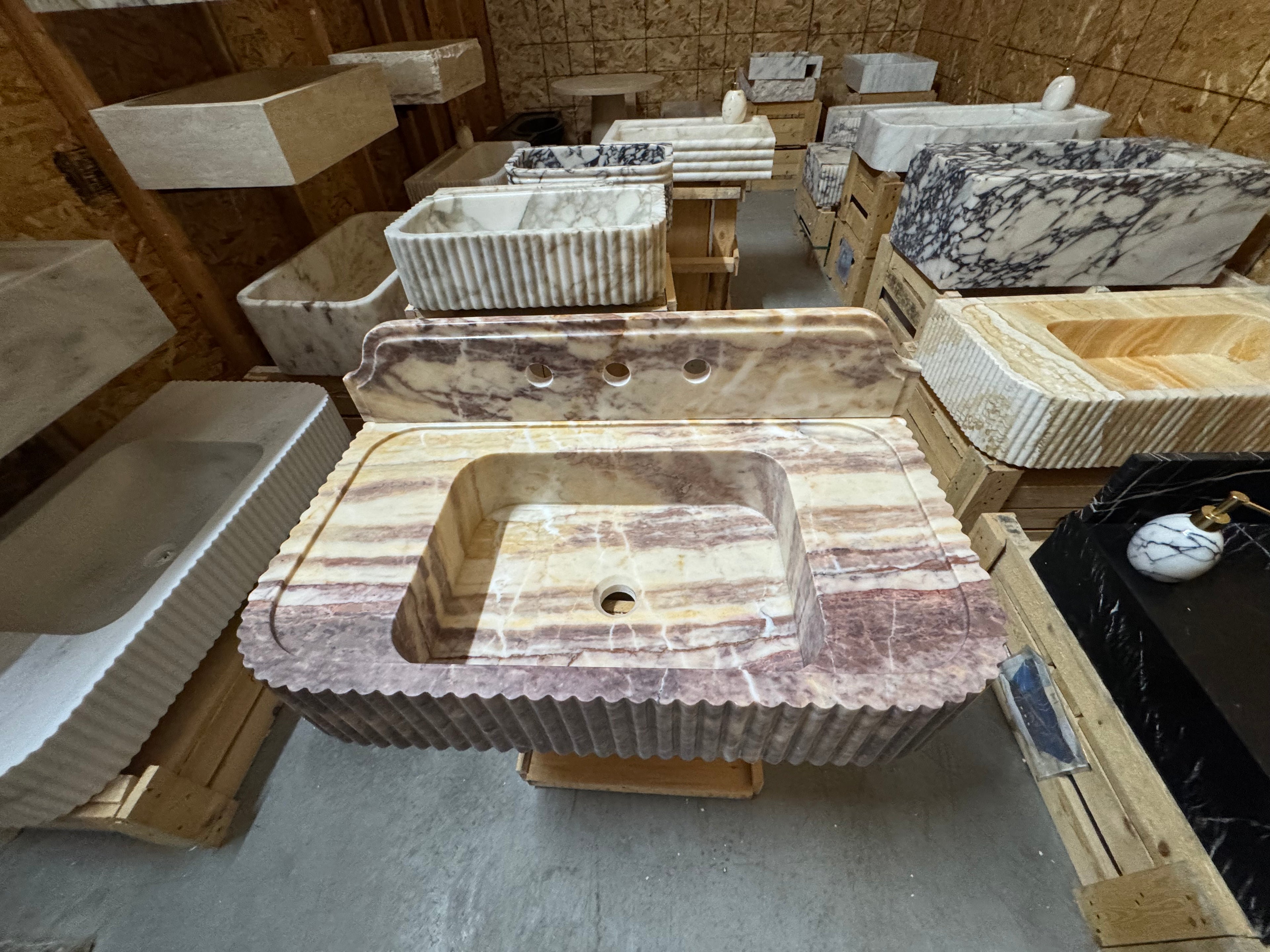 Handmade Pink Marble Sink with Backsplash - Wall Mounted Natural Stone
