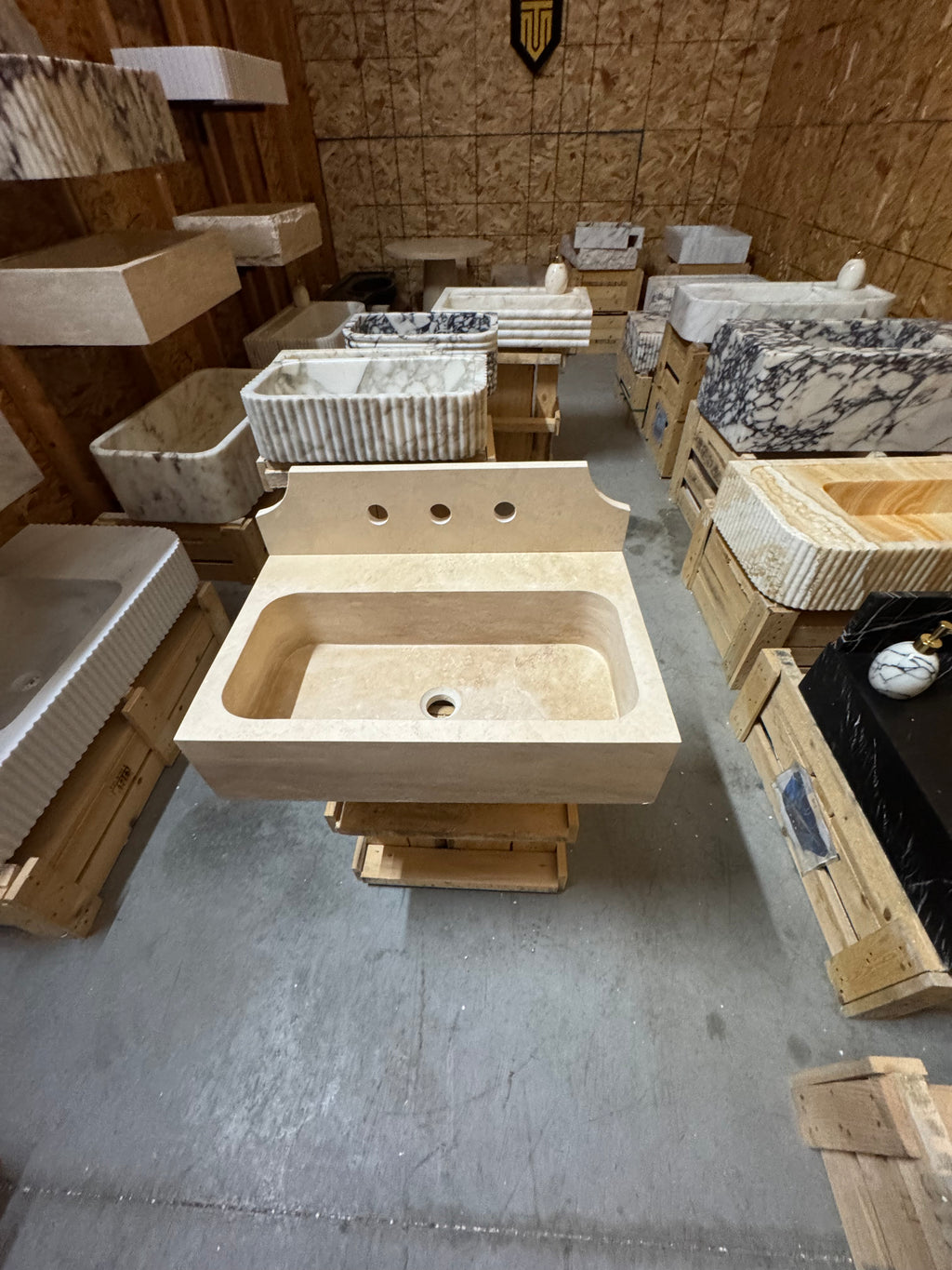 Custom Travertine sink for Sadie 23.5”x16”x6” 8” backsplash