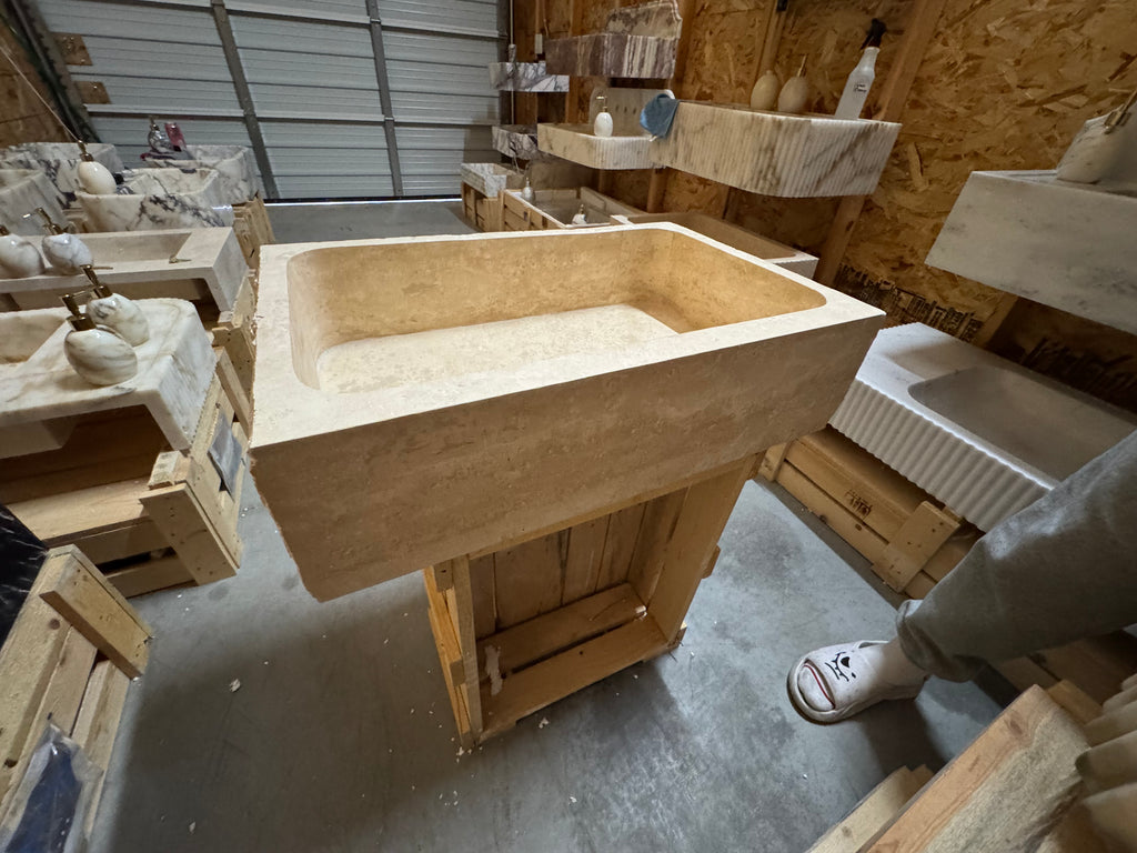 Hand Carved Travertine Marble Sink - Custom Bathroom Vanity (27”x 18” x 7”)
