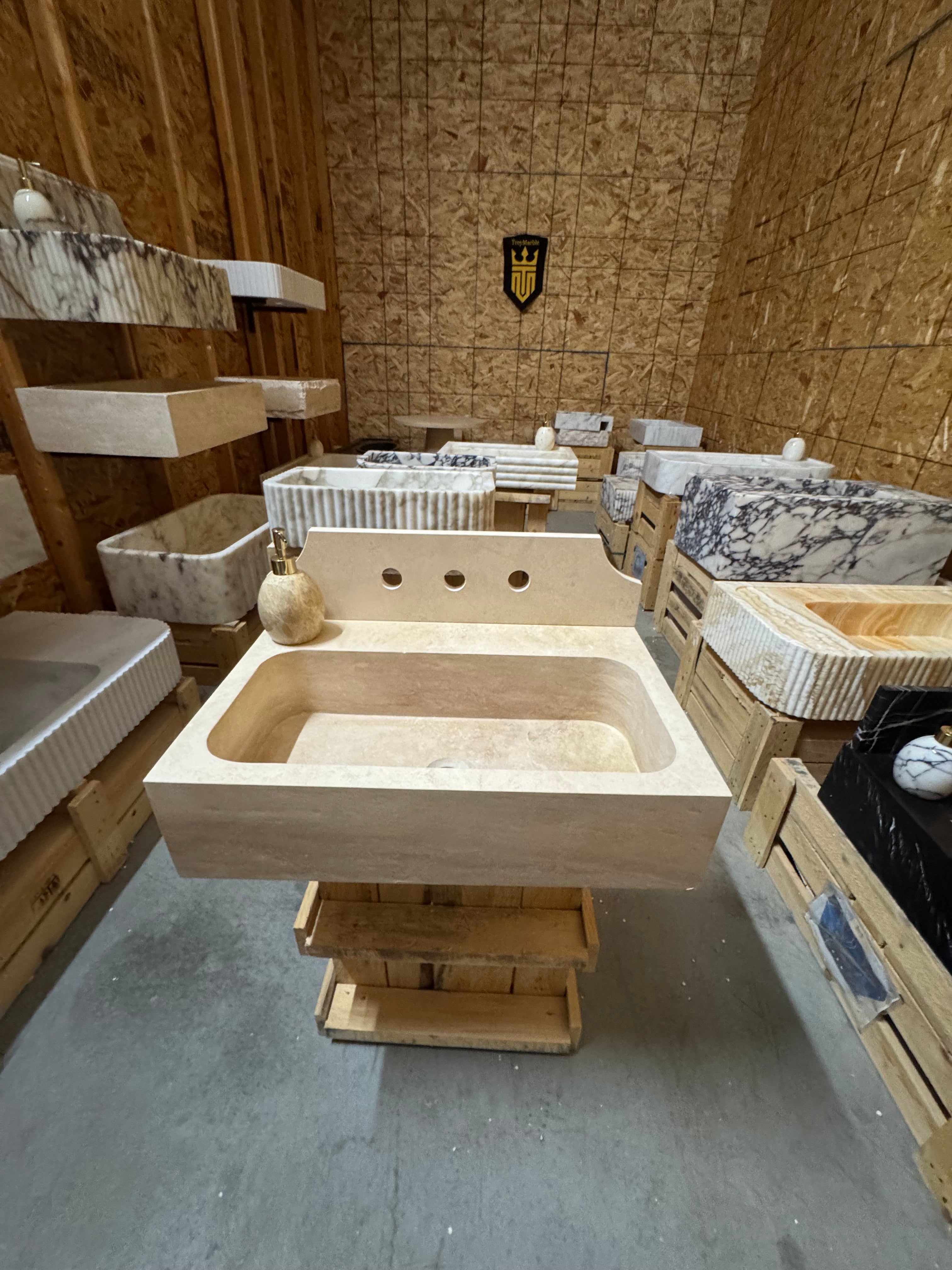 Custom Travertine sink for Sadie 23.5”x16”x6” 8” backsplash