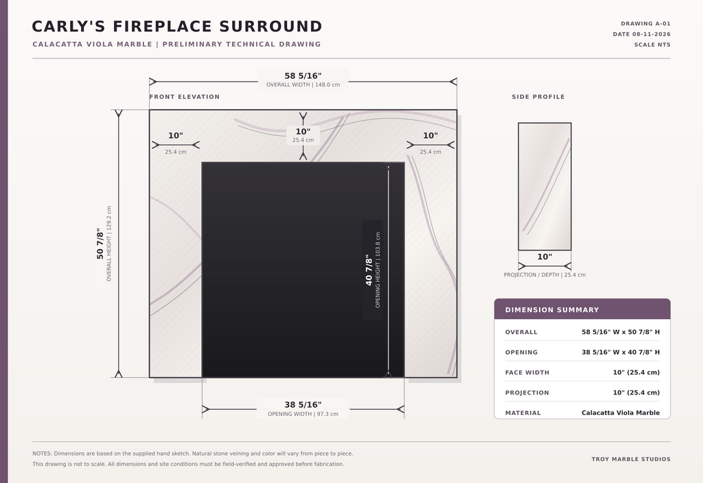 Calacatta Viola Fireplace surround for Carly 58"5/16 50"7/8 10"x58"5/16 Hearth