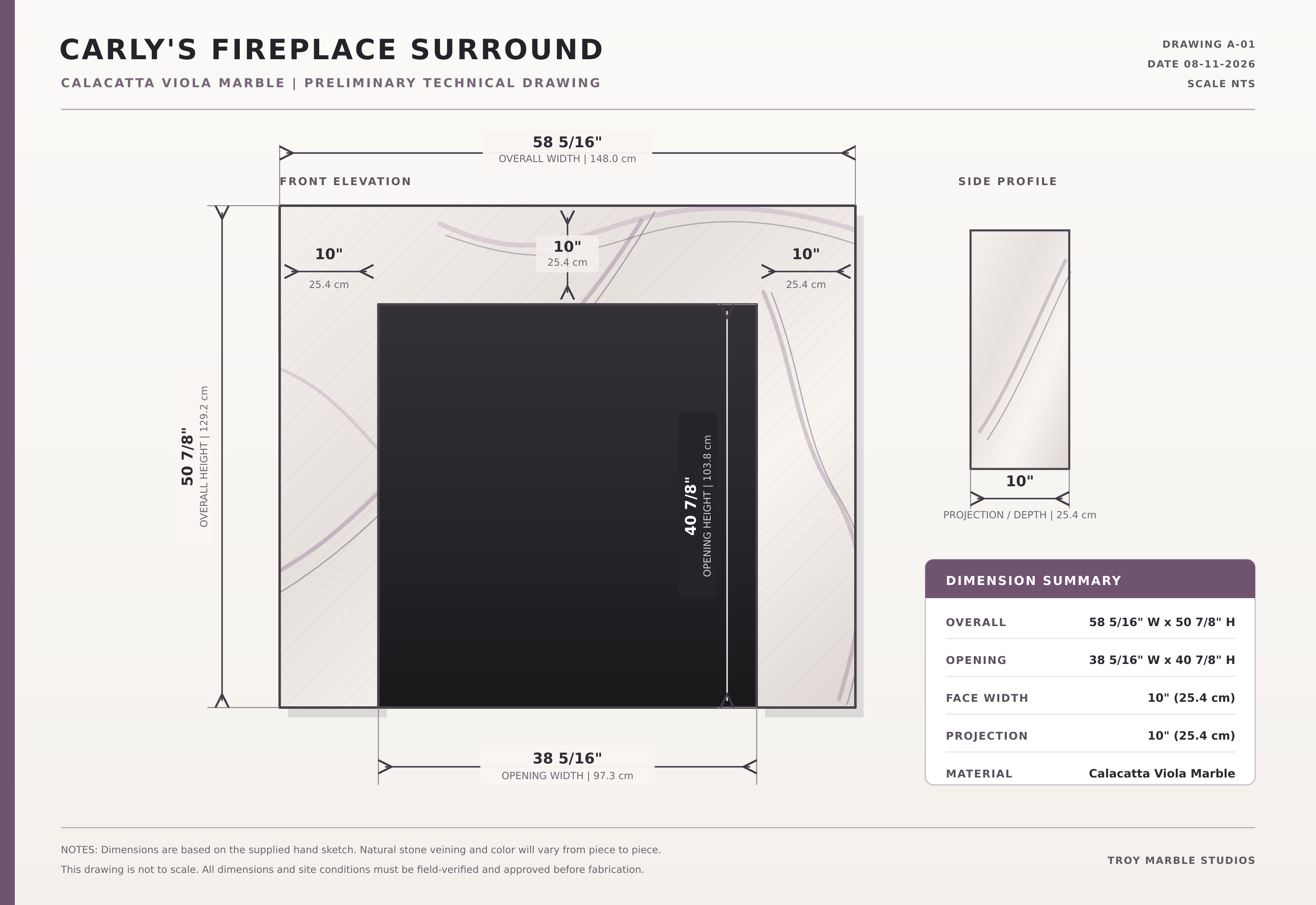 Calacatta Viola Fireplace surround for Carly 58"5/16 50"7/8 10"x58"5/16 Hearth