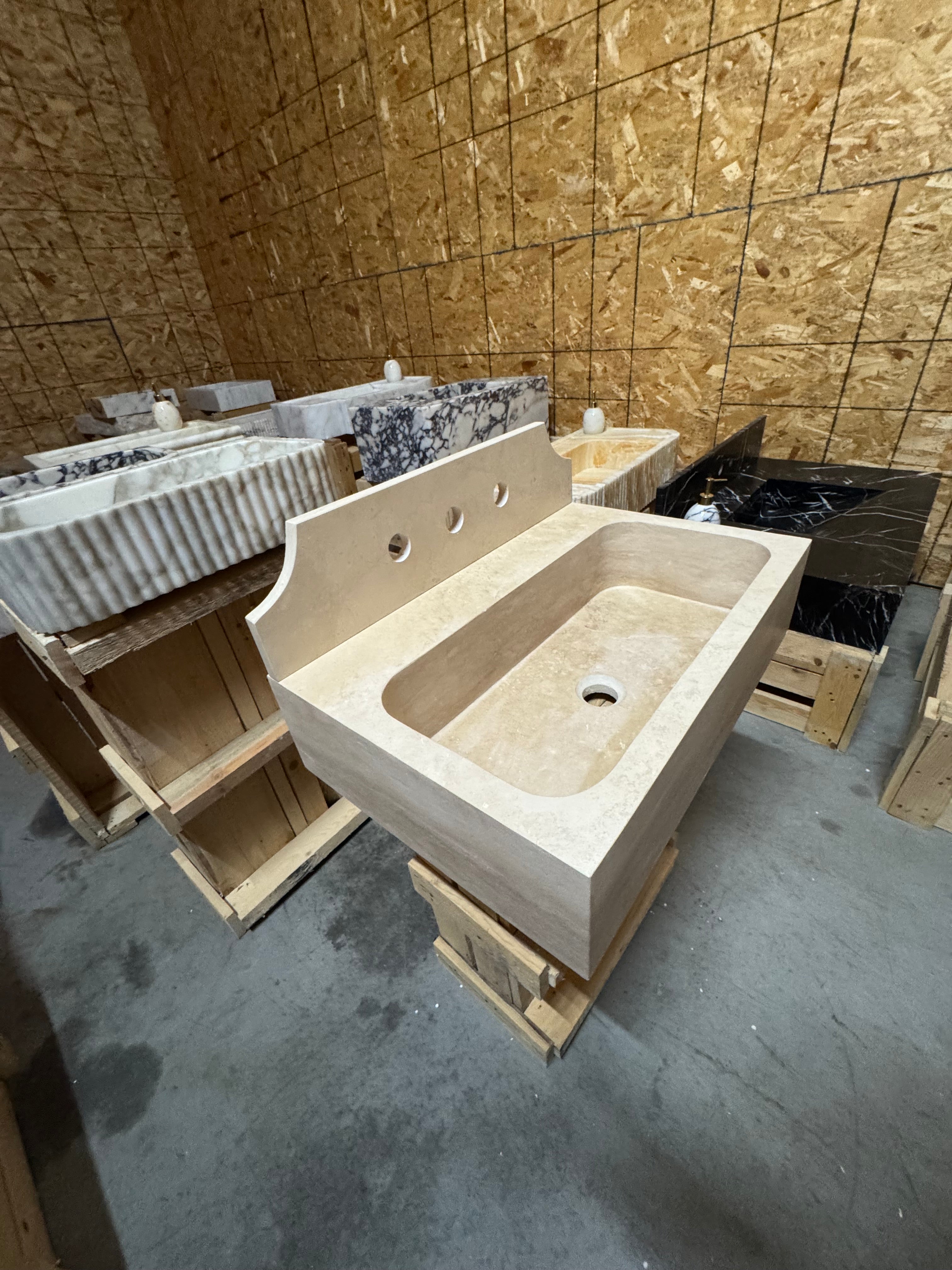 Custom Travertine sink for Sadie 23.5”x16”x6” 8” backsplash