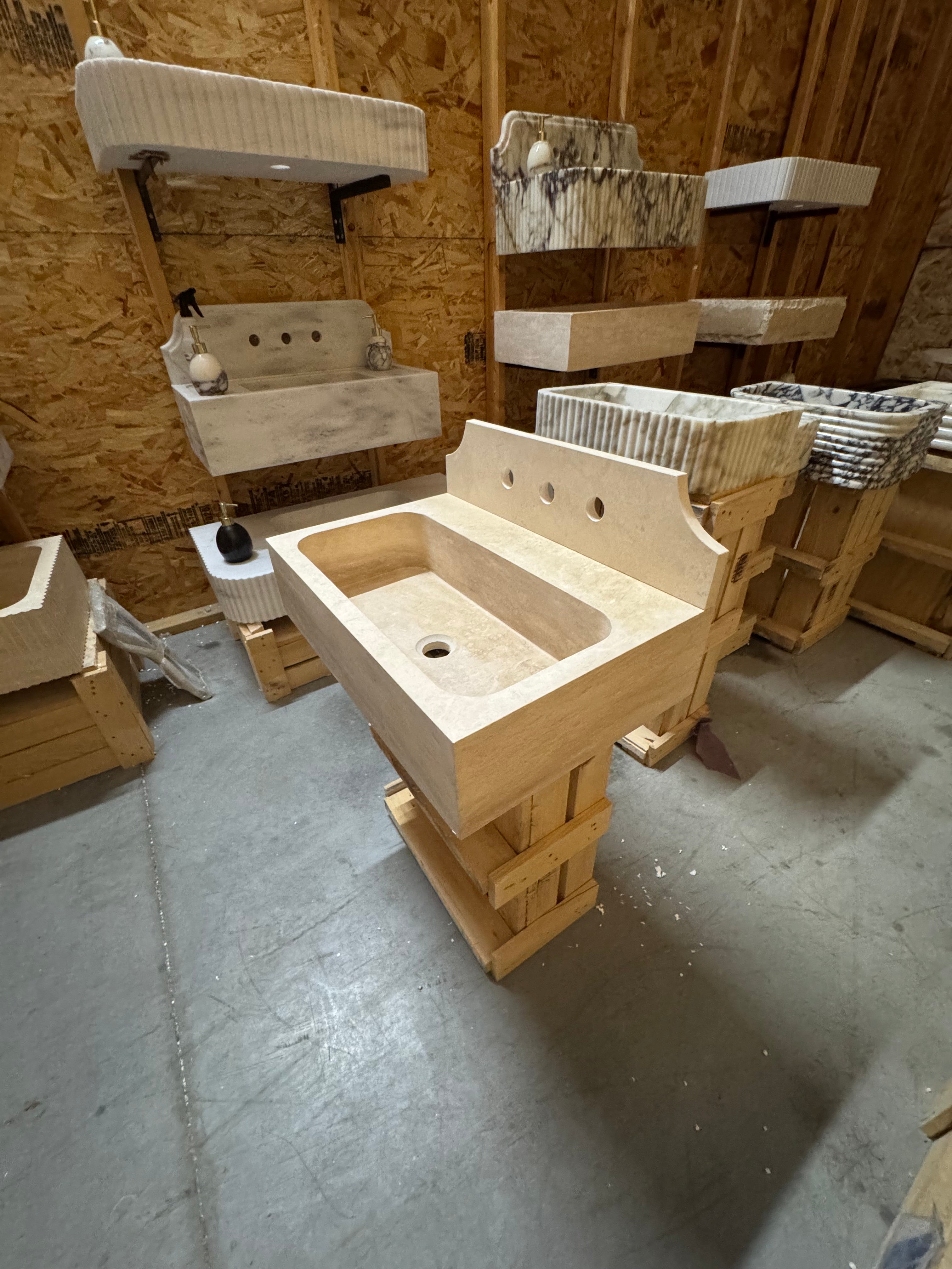 Custom Travertine sink for Sadie 23.5”x16”x6” 8” backsplash