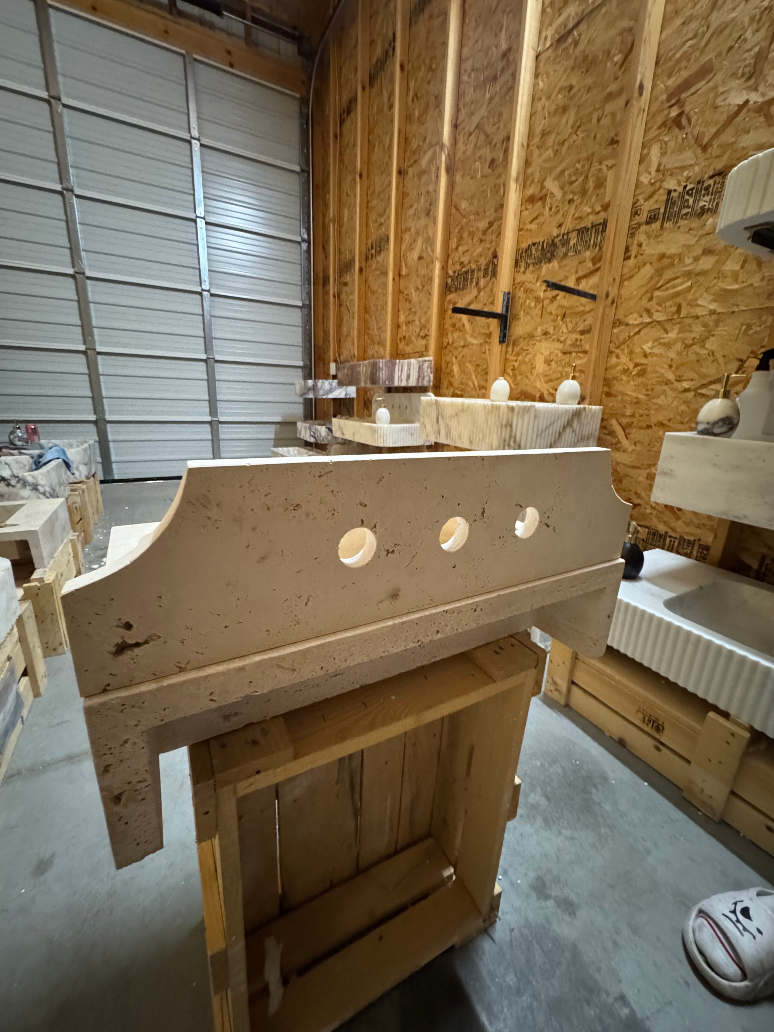 Custom Travertine sink for Sadie 23.5”x16”x6” 8” backsplash