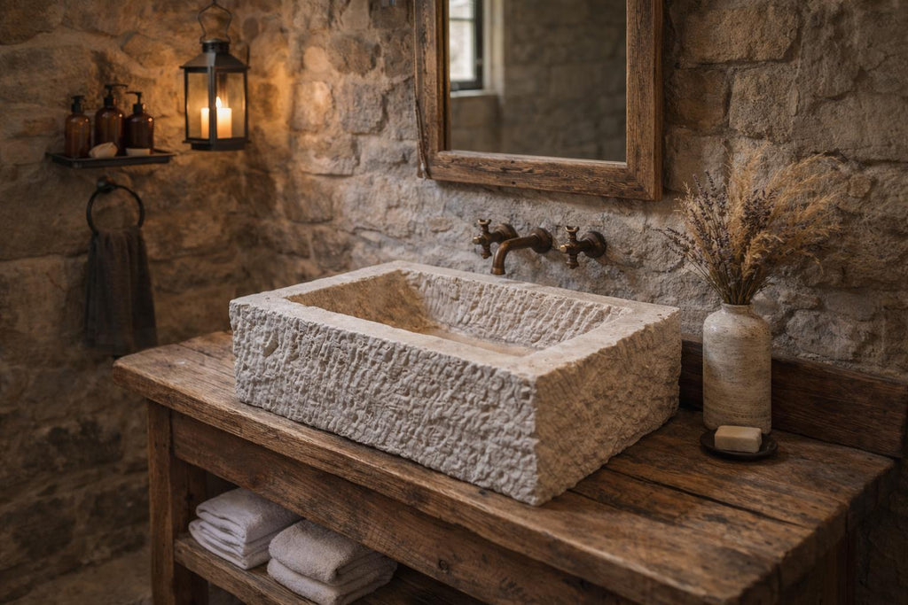 Handmade Travertine Marble Bathroom Sink with Backsplash (26"x18"x8")