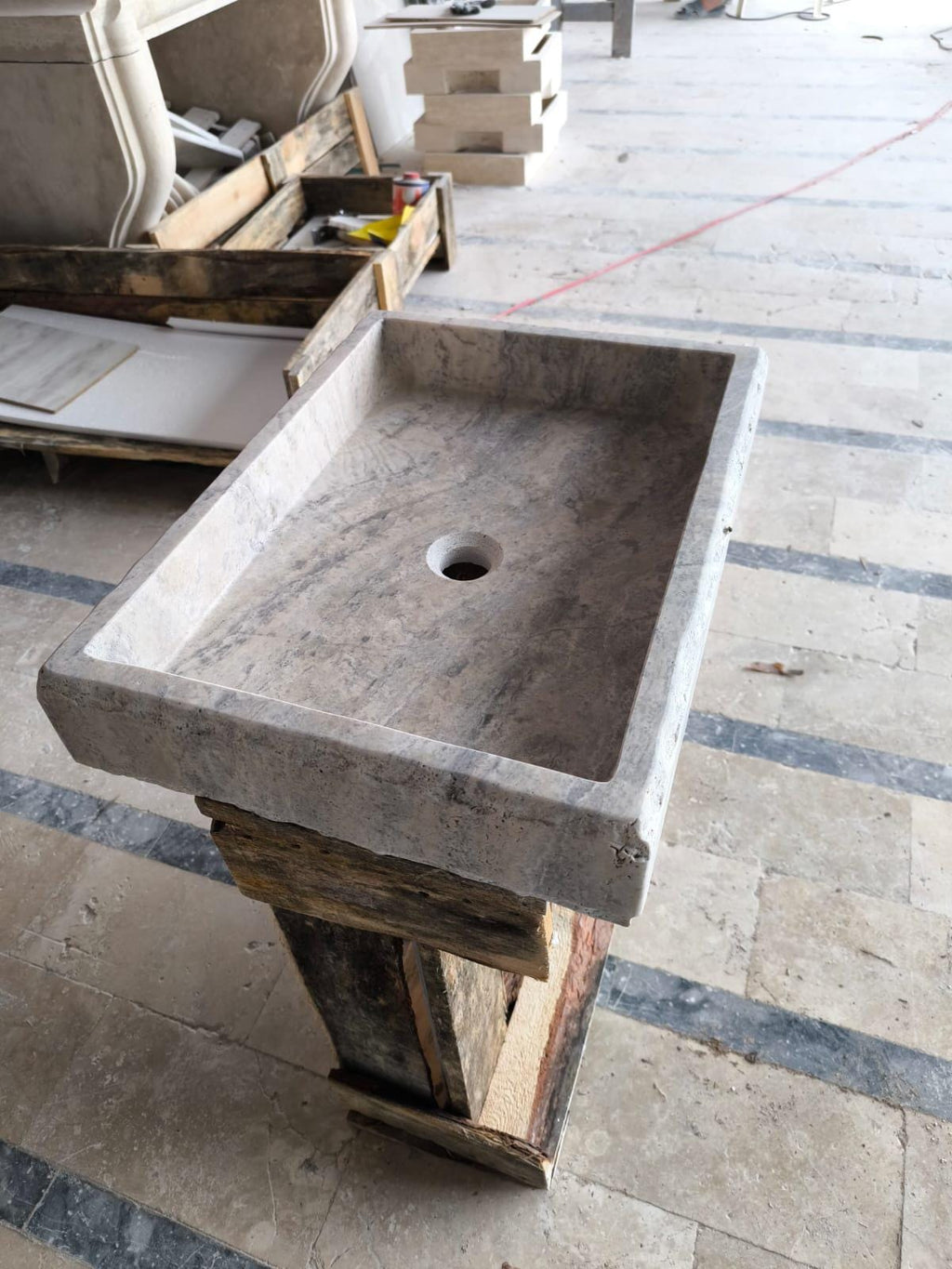 Handcrafted Silver Travertine Rectangular Sink: Natural Stone Washbasin