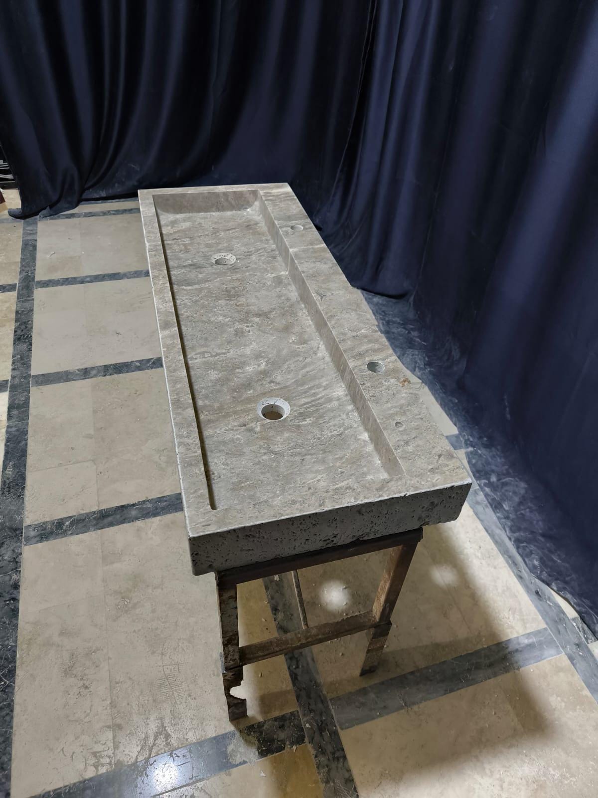 Handmade Double Travertine Marble Sink: 47" Bathroom Vanity