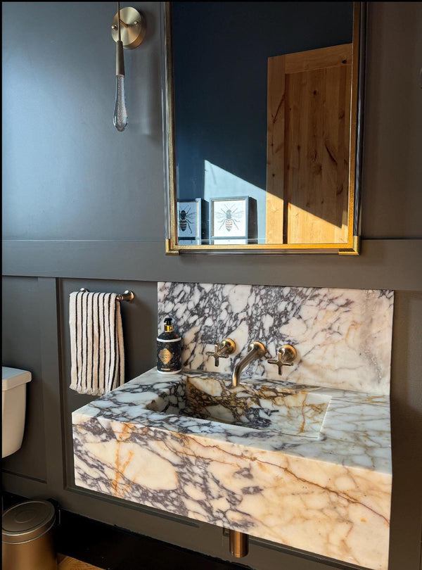 Complete Calacatta Viola Marble Floating Sink: Bathroom Vanity, Wall Mounted , Integrated sinks
