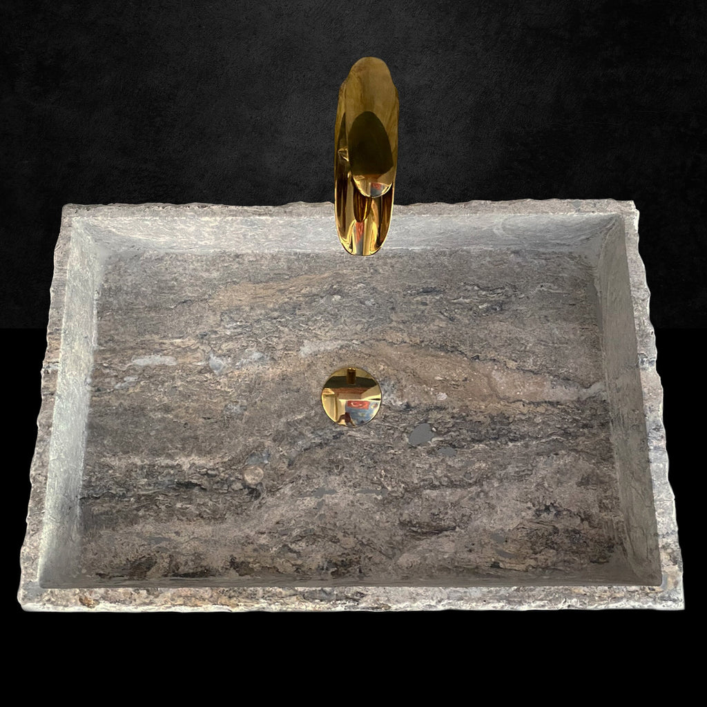 Handcrafted Silver Travertine Rectangular Sink: Natural Stone Washbasin