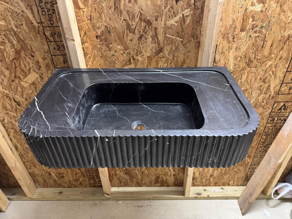 Nero Marquina Marble Wall Mount Sink: Modern Black Sink Basin