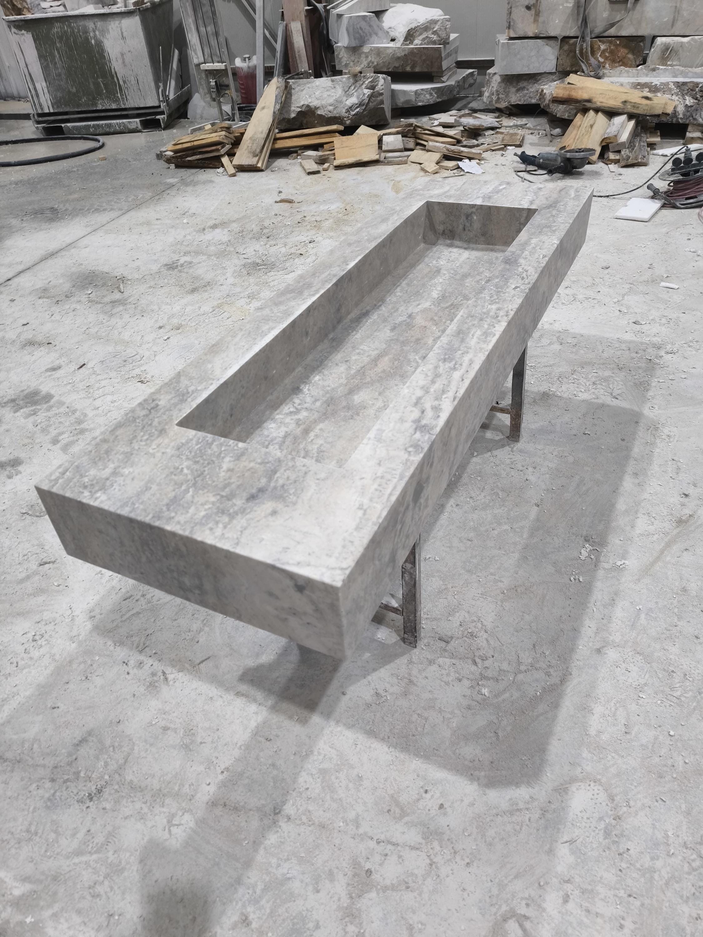 Handcrafted Silver Travertine Marble Sink: Thin Edge Rectangular Bathroom Sink (60x20x6)