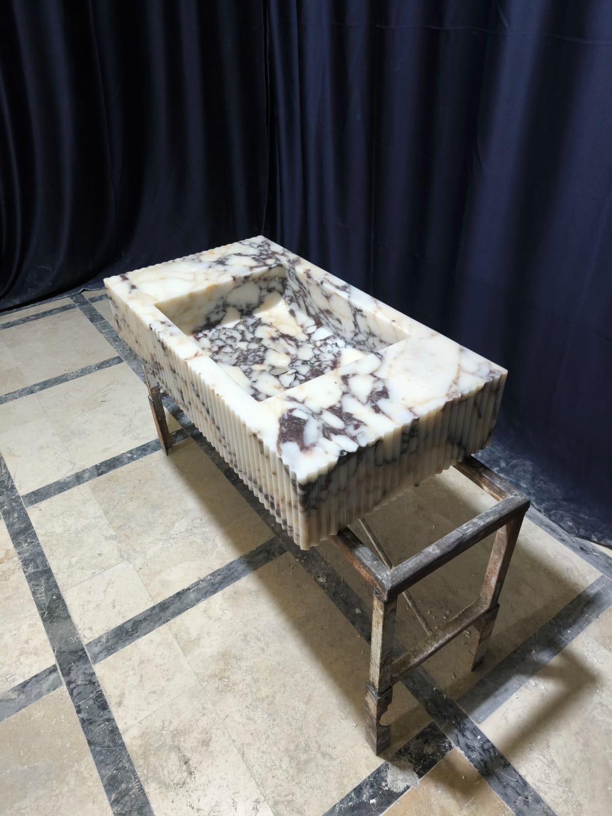 Hand Carved Calacatta Viola Marble Sink: Fluted Wall Mount Vessel