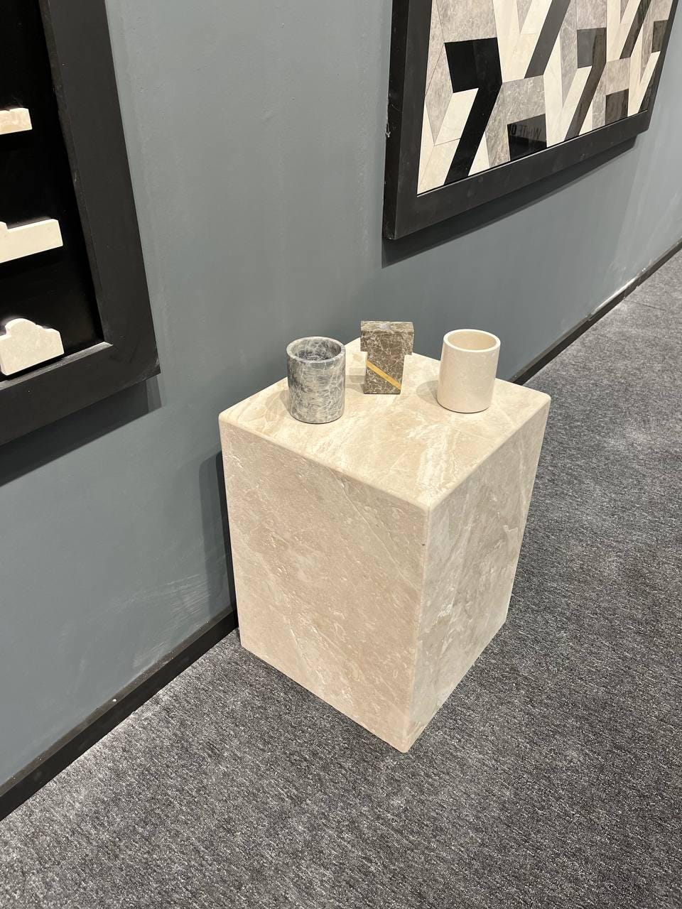 Silver Travertine Side Table: Custom Marble Plinth