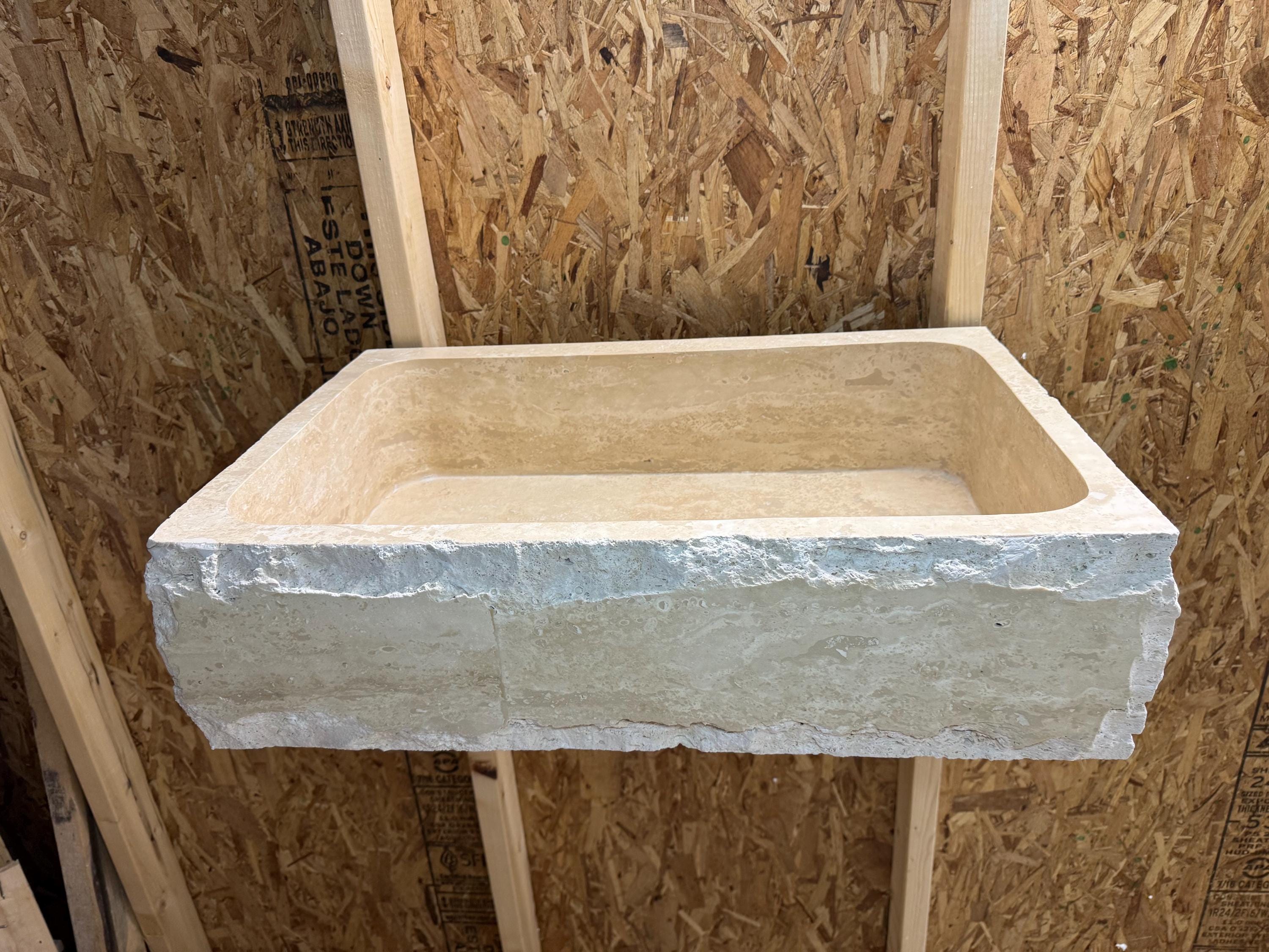 Hand Carved Travertine Marble Sink - Custom Bathroom Vanity (27”x 18” x 7”)