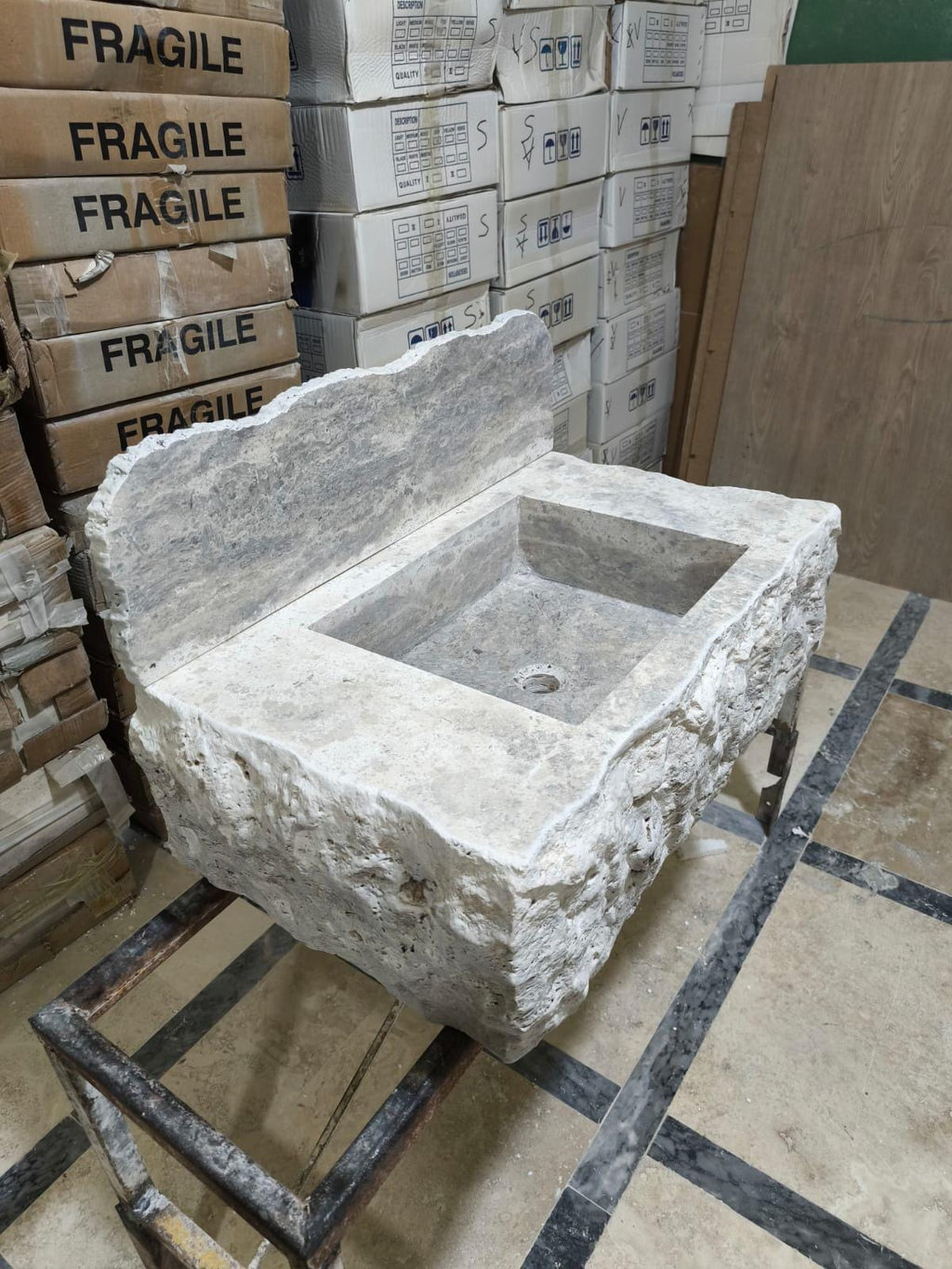 Complete Chiseled Natural Silver Travertine Sink: Rustic Powder Room, Wall Mount , Integrated Sinks