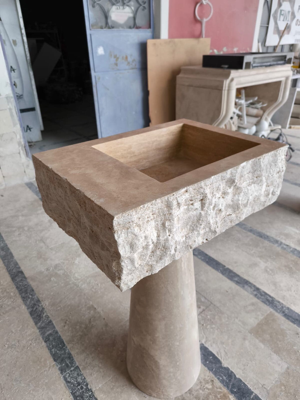 Handcrafted Travertine Marble Sink: Wall Mounted Washbasin with Faucet Hole