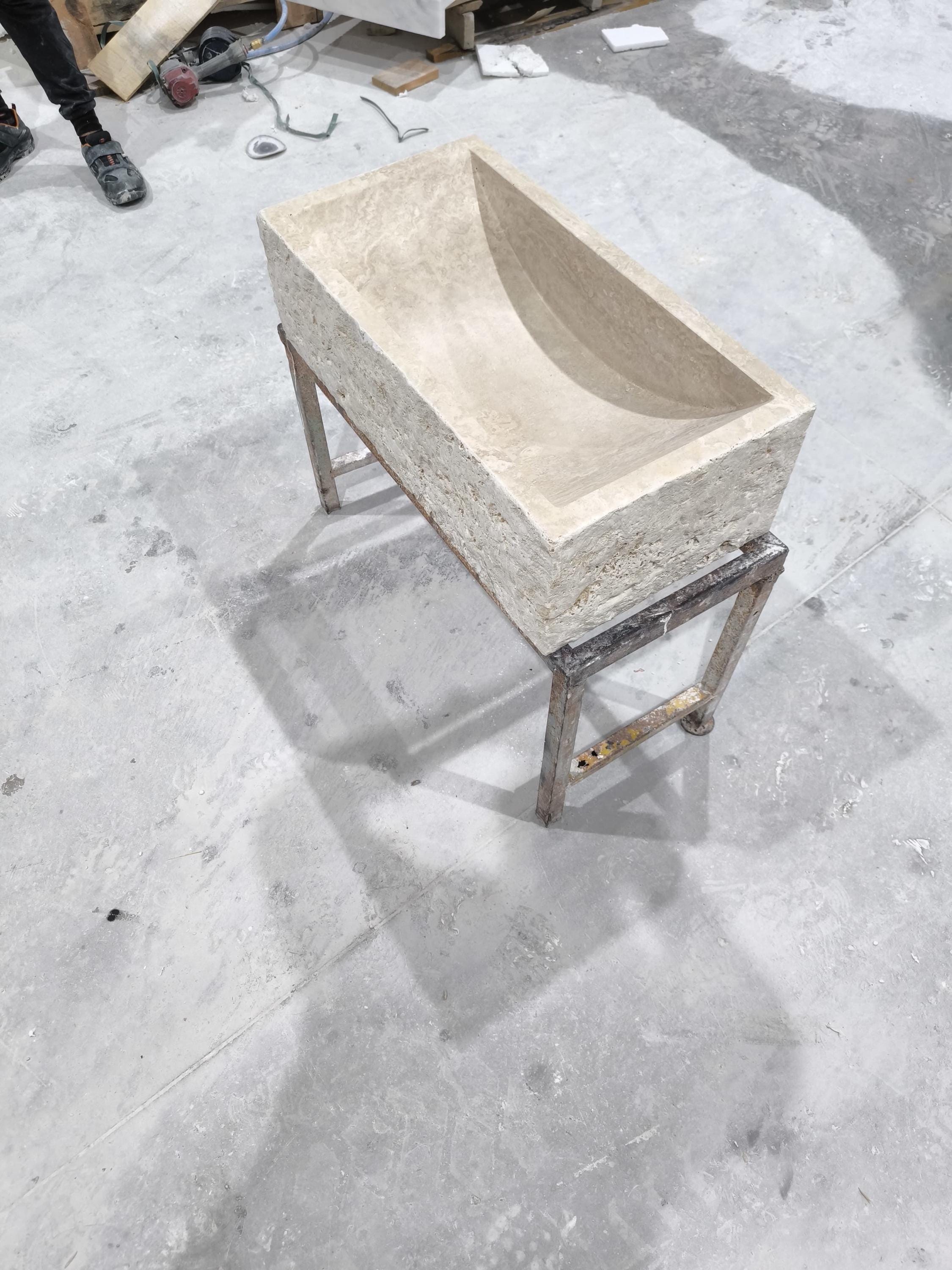 Beige Travertine Marble Sink: Rectangular Stone Bathroom Sink (28x14x8'')