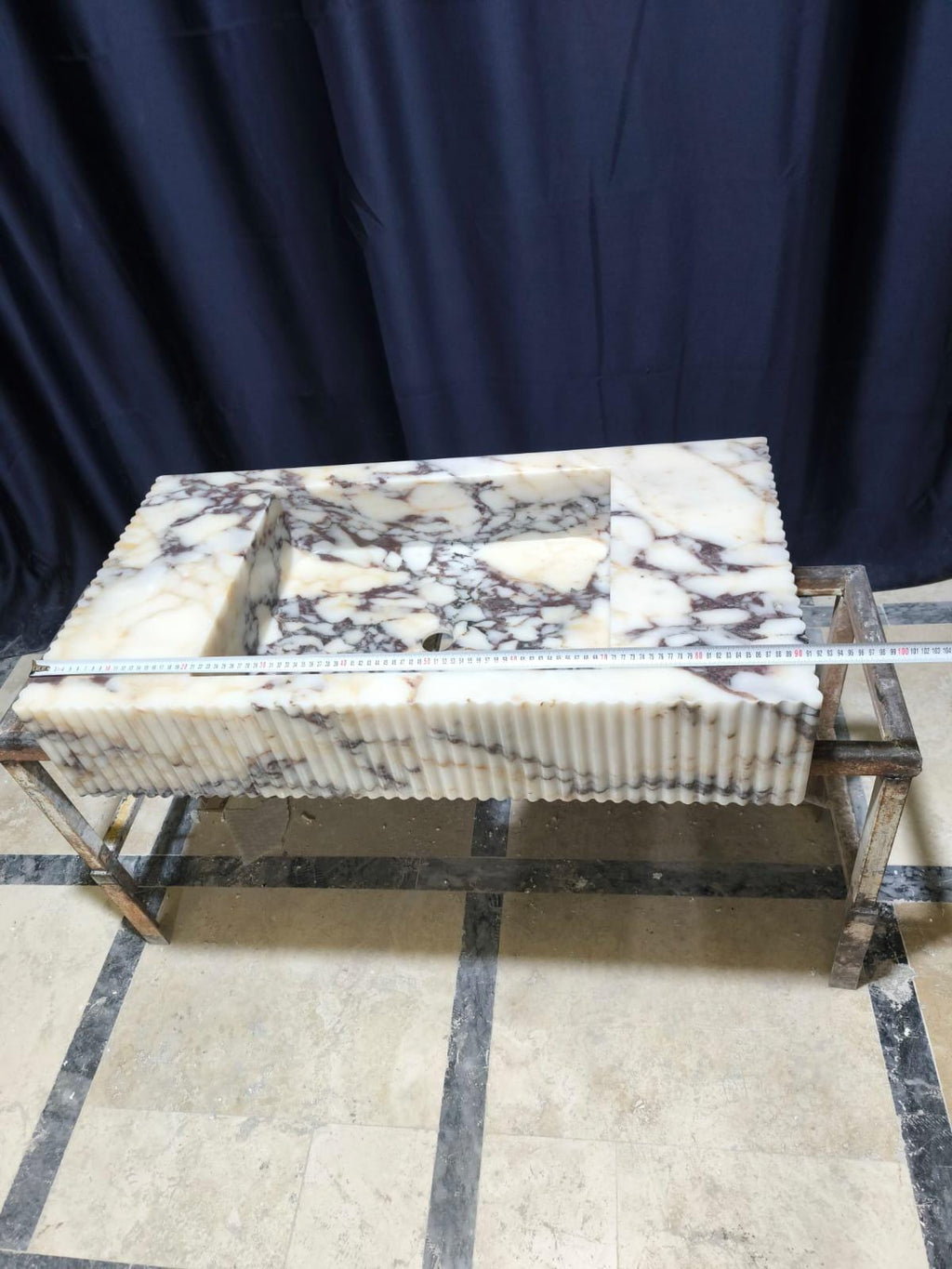 Hand Carved Calacatta Viola Marble Sink: Fluted Wall Mount Vessel