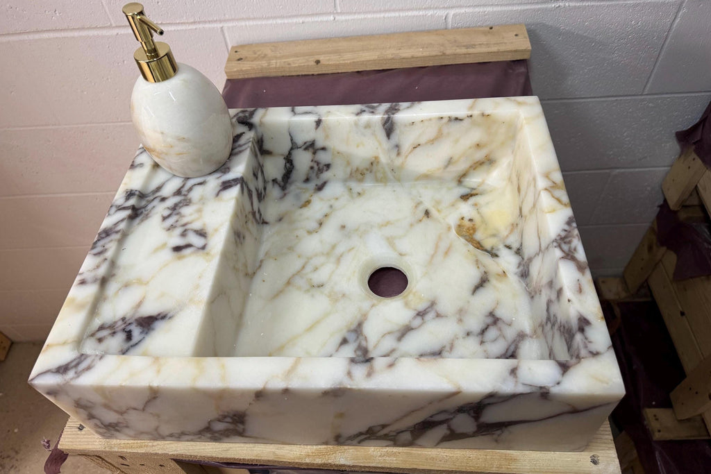 Calacatta Viola Marble Wall Mount Sink: Concealed Drain Bathroom Vanity