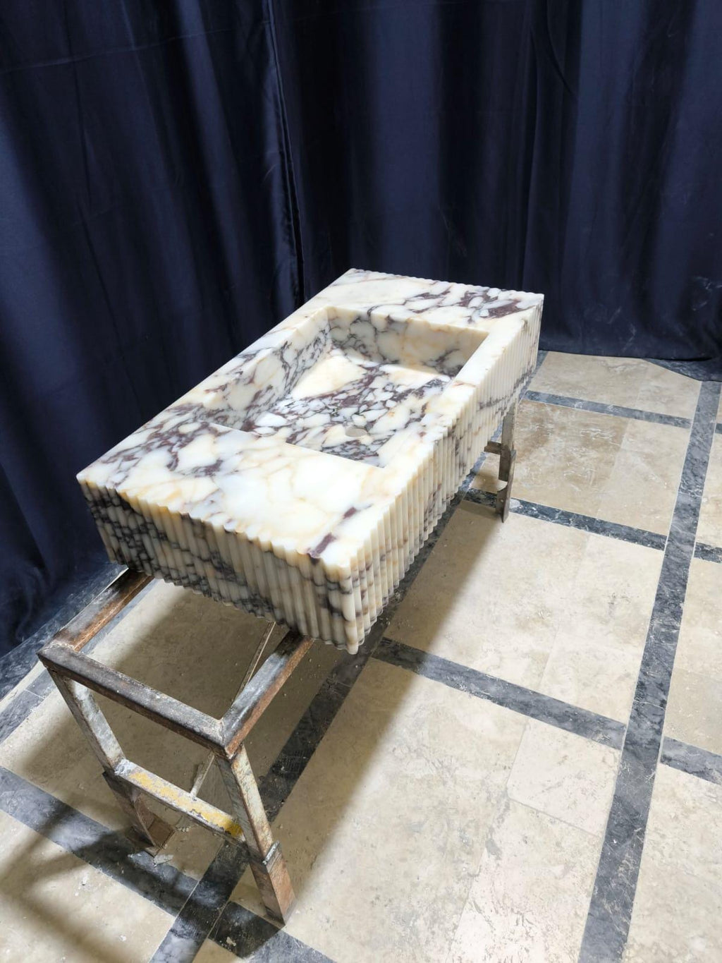 Hand Carved Calacatta Viola Marble Sink: Fluted Wall Mount Vessel