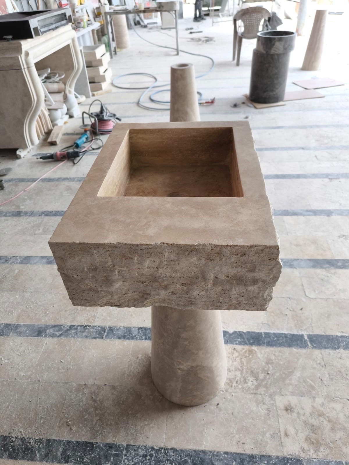 Handcrafted Travertine Marble Sink: Wall Mounted Washbasin with Faucet Hole