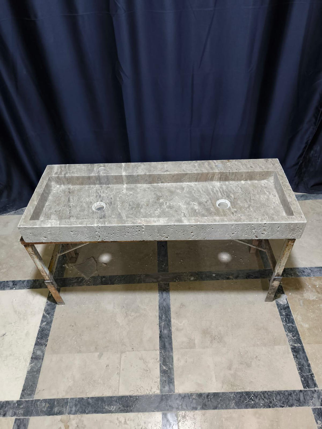 Handmade Double Travertine Marble Sink: 47" Bathroom Vanity
