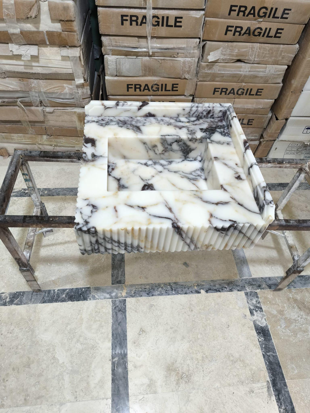 Calacatta Viola Marble Sink: Wall Mounted Bathroom Sink with Backsplash 22"x21"x6"
