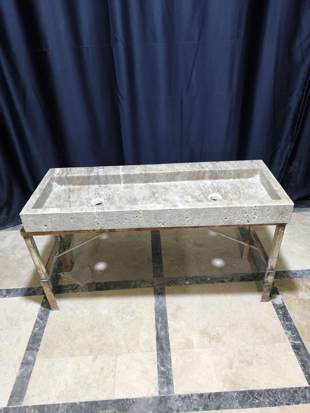 Handmade Double Travertine Marble Sink: 47" Bathroom Vanity