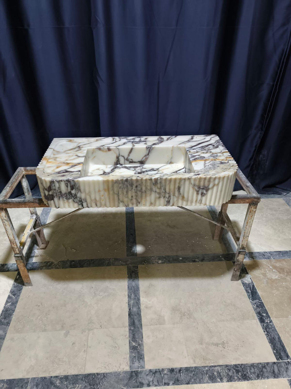 Hand Carved Calacatta Viola Marble Sink: Fluted Vessel Washbasin