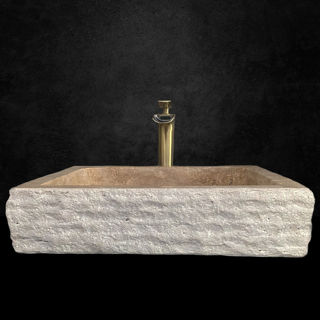 Travertine Inclined Inside Rectangular Sink - With Faucet Hole - Handcrafted, %100 Natural Stone, Washbasin
