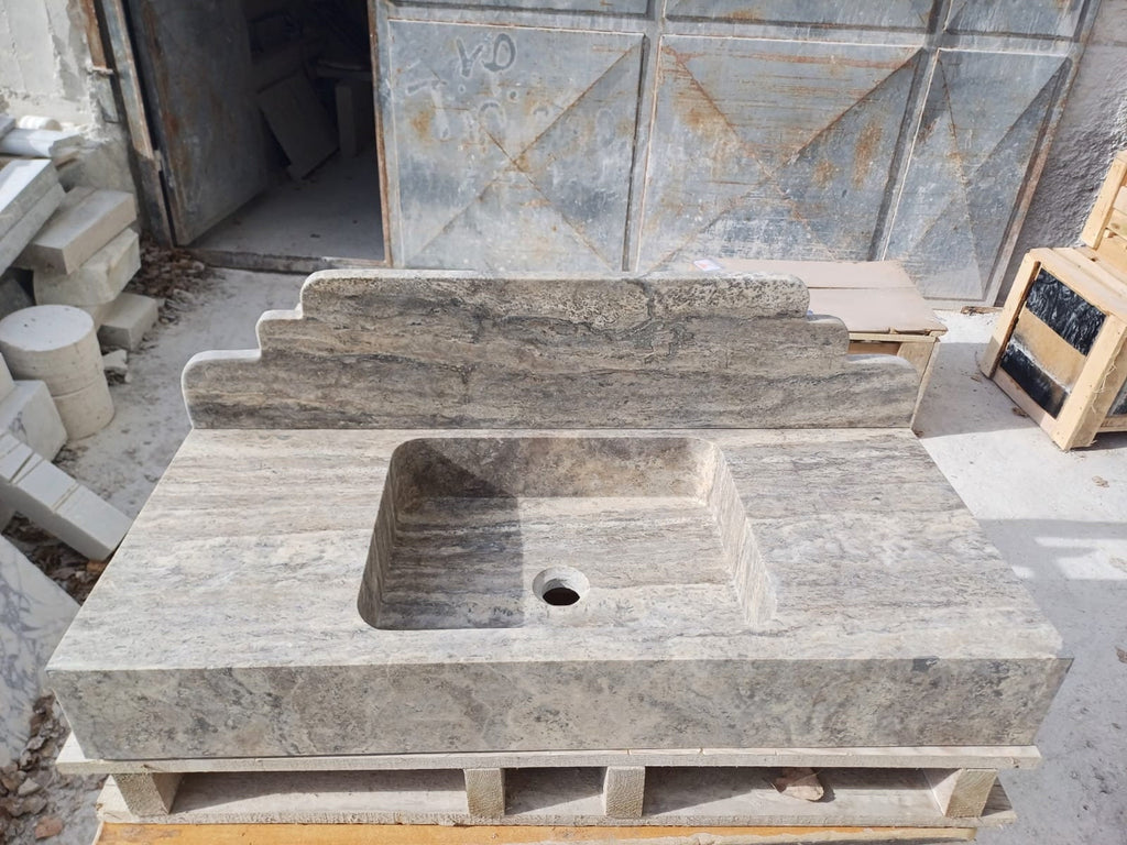 Travertine Bathroom Sink with Backsplash - Wall Mounted Natural Stone