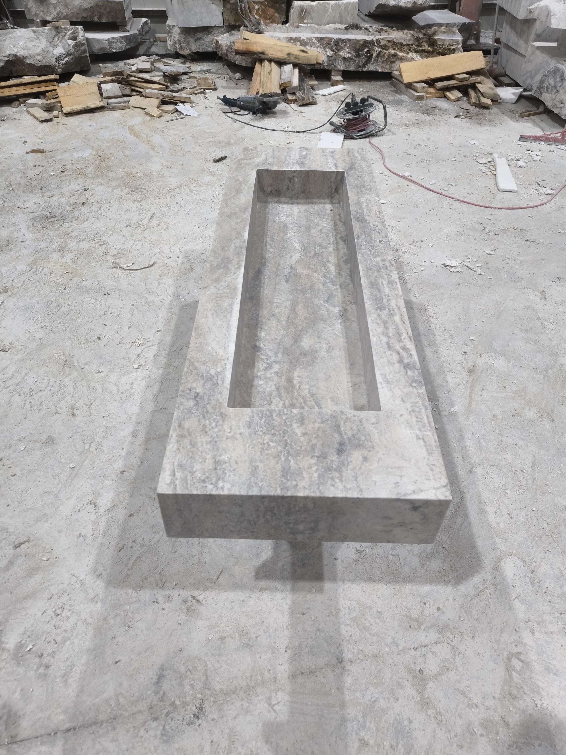 Handcrafted Silver Travertine Marble Sink: Thin Edge Rectangular Bathroom Sink (60x20x6)