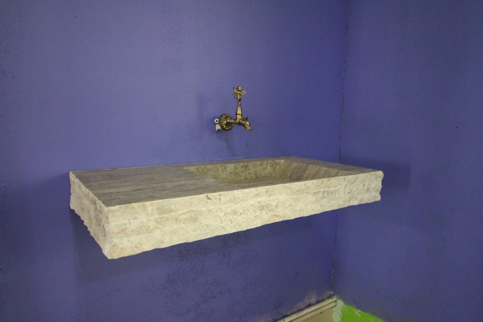 Silver Travertine Wall Mounted Sink with Backsplash: Natural Stone Bathroom Decor