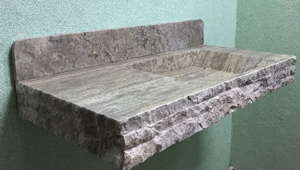 Silver Travertine Wall Mounted Sink with Backsplash: Natural Stone Bathroom Decor