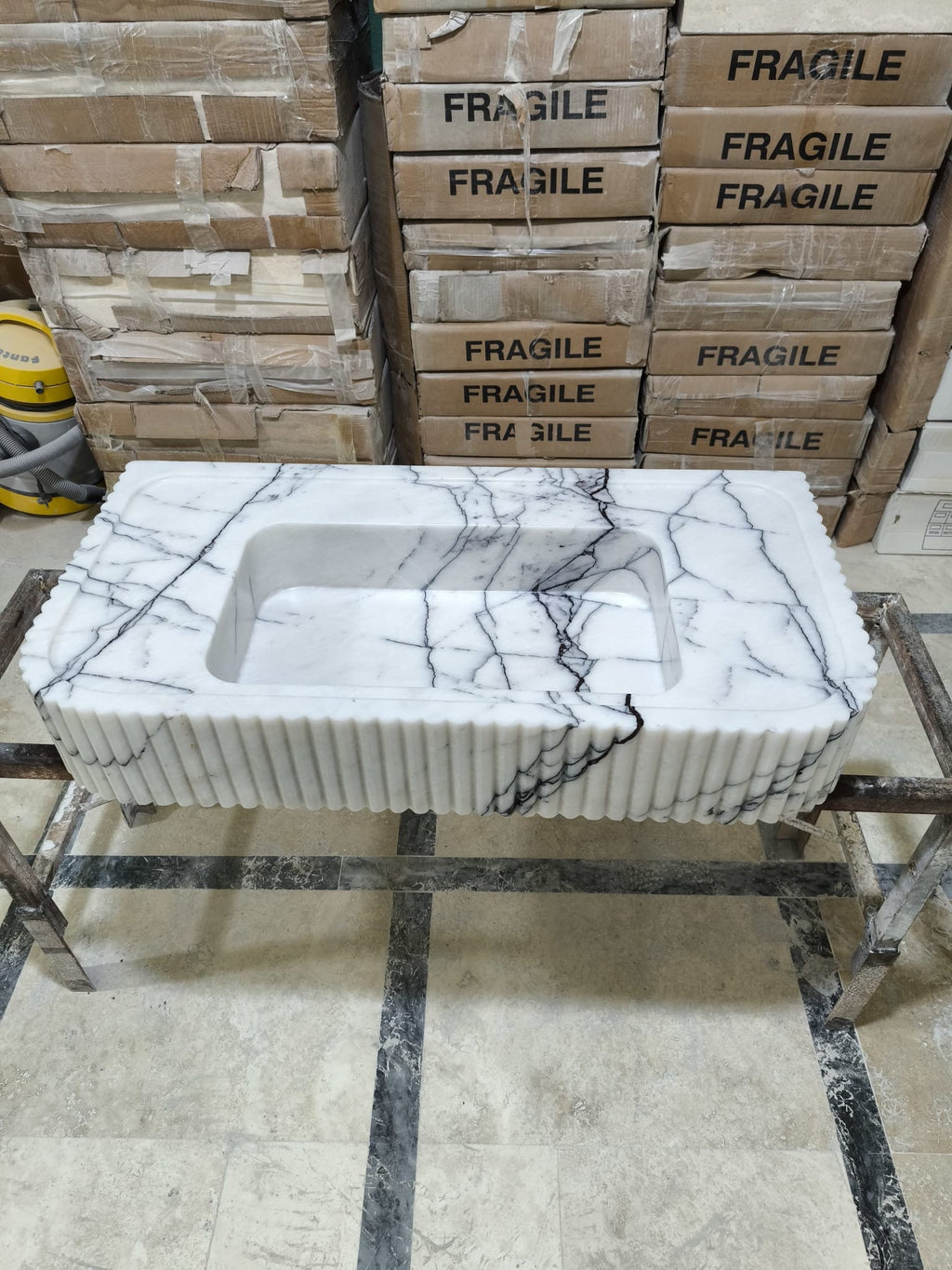 Handmade Carrara White Marble Sink: Fluted Design integrated sink