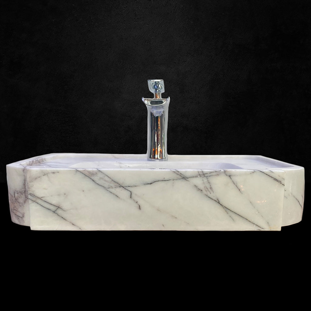 Handcrafted Gray White Marble Square Sink with Faucet Outlet