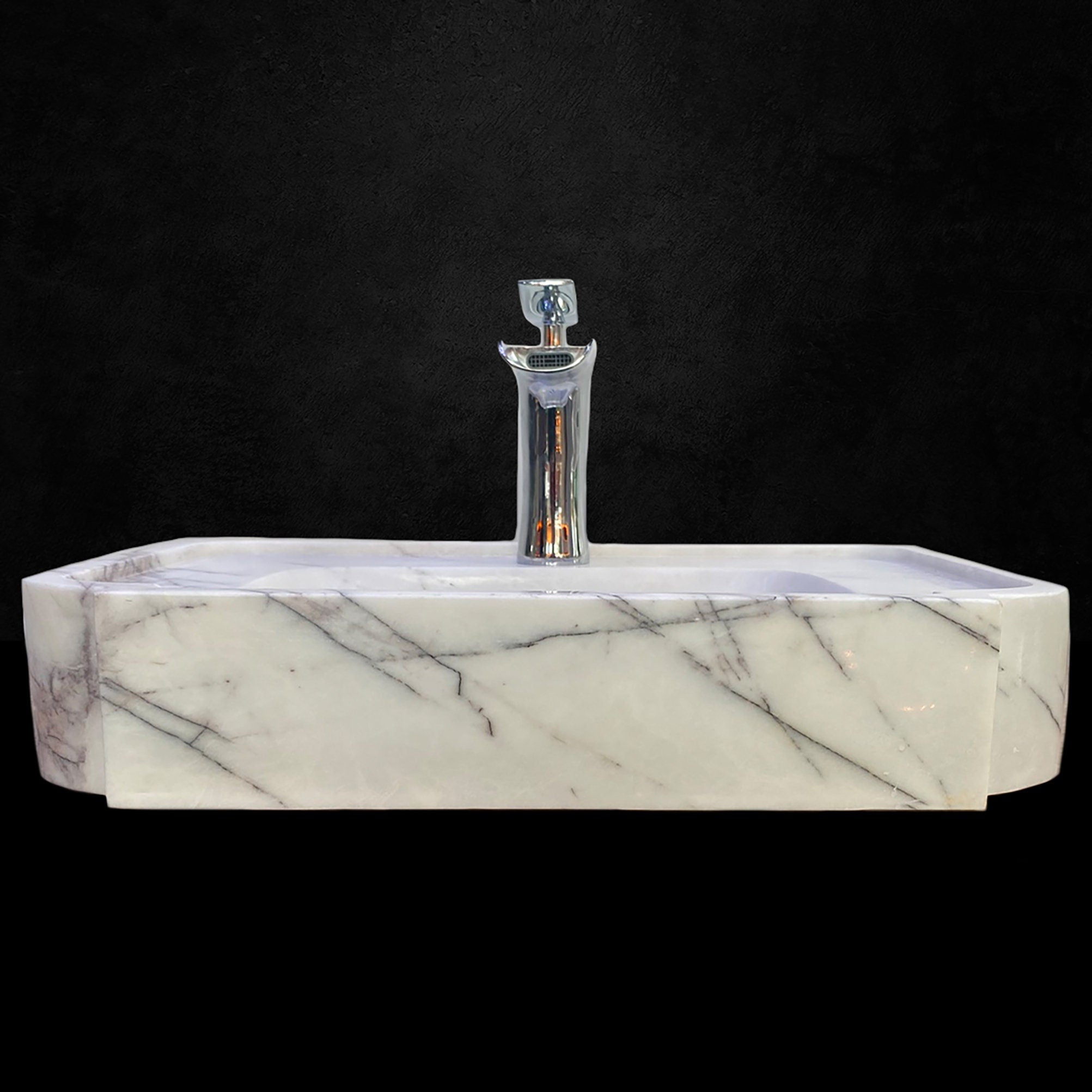 Handcrafted Gray White Marble Square Sink with Faucet Outlet