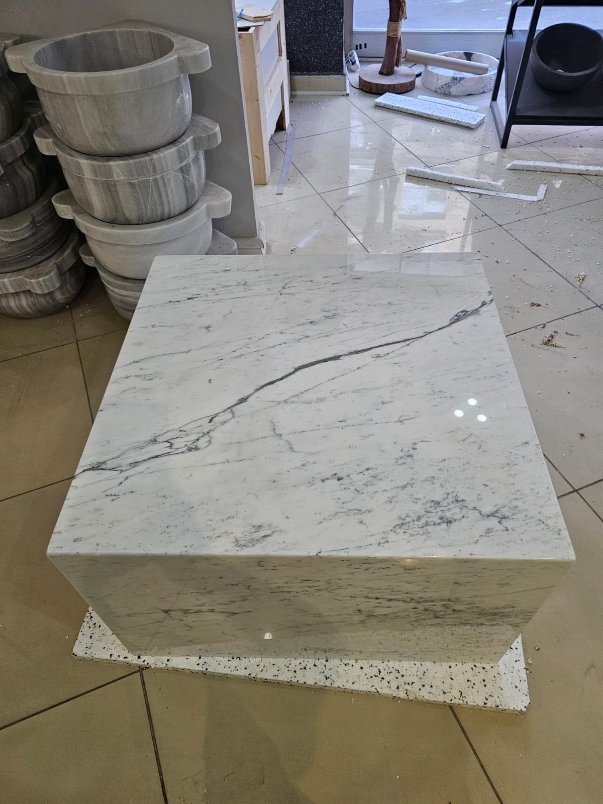 Carrara Marble Plinth Coffee Table: Custom Cube End Table