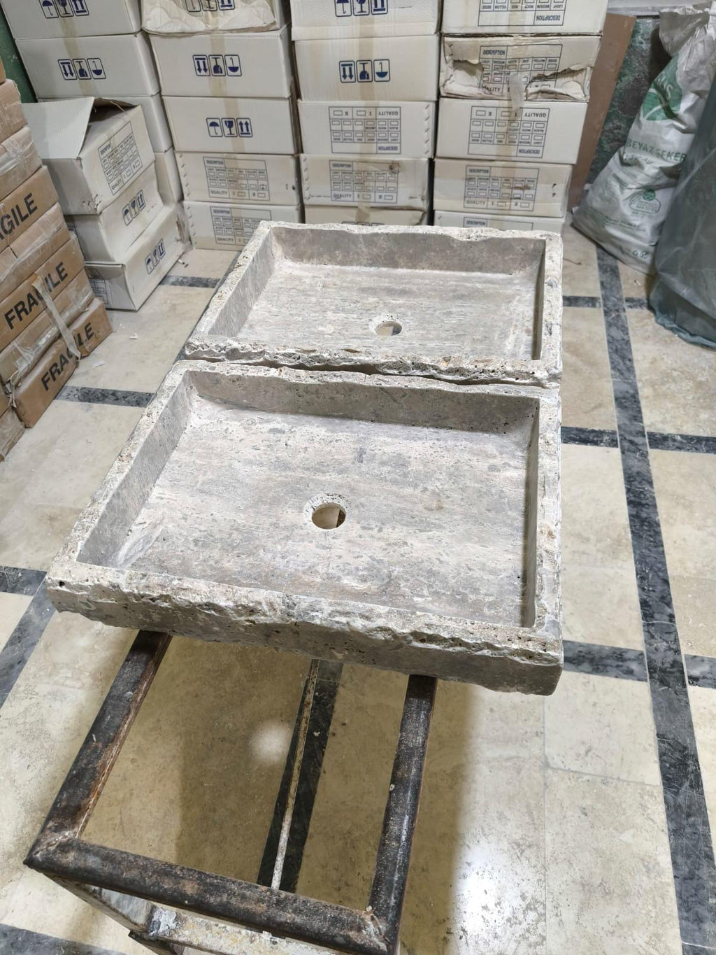 Handcrafted Silver Travertine Rectangular Sink: Natural Stone Washbasin