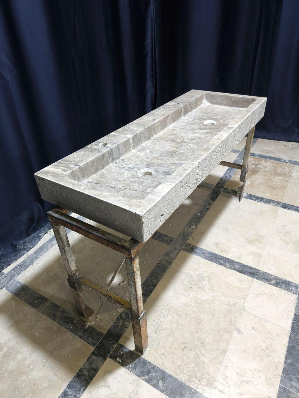 Handmade Double Travertine Marble Sink: 47" Bathroom Vanity