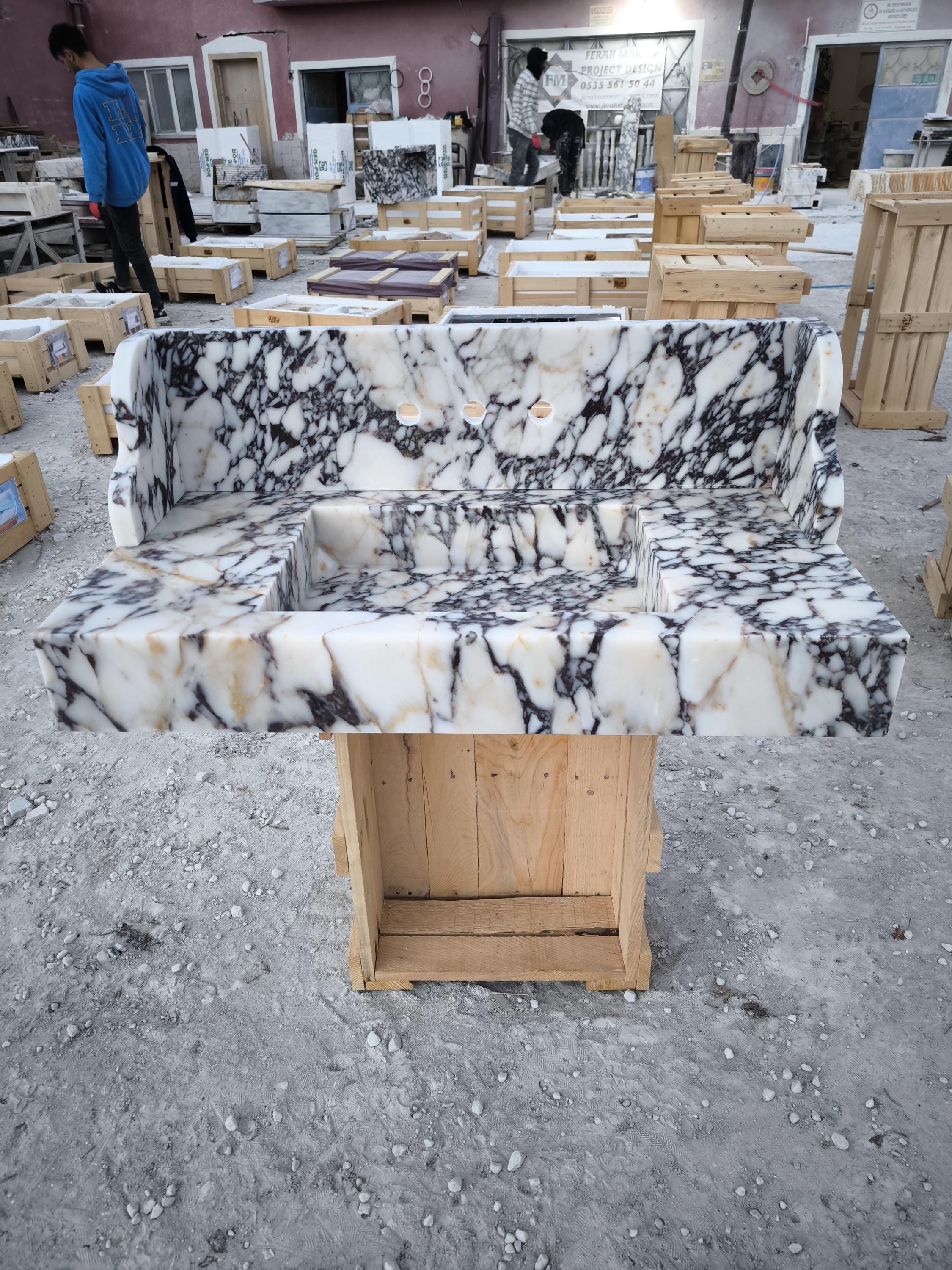 Handmade Calacatta Viola Marble Sink with Backsplash - Natural Stone Basin