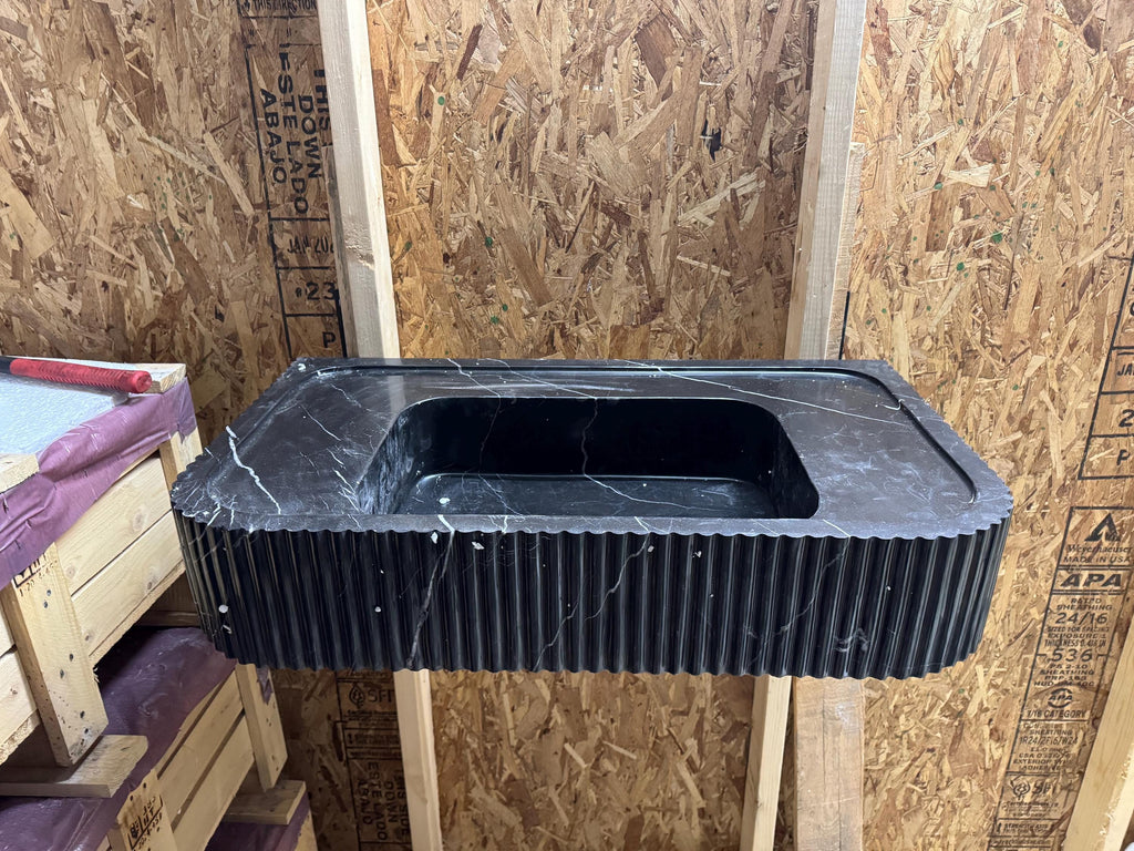 Nero Marquina Marble Wall Mount Sink: Modern Black Sink Basin