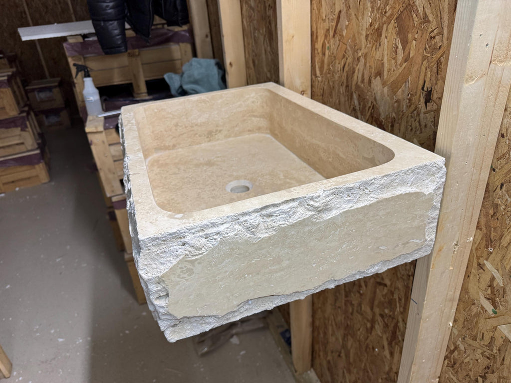 Hand Carved Travertine Marble Sink - Custom Bathroom Vanity (27”x 18” x 7”)