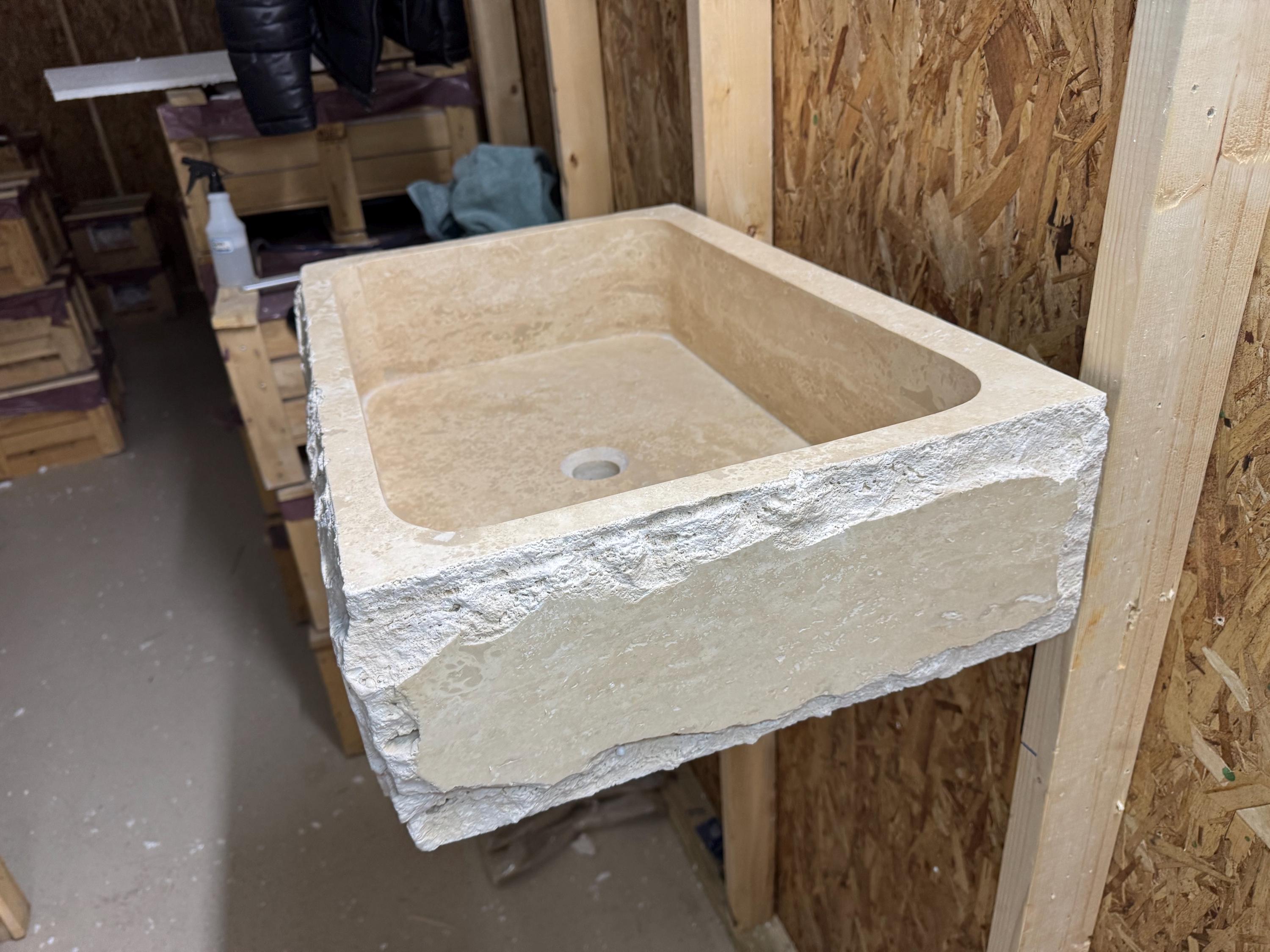 Hand Carved Travertine Marble Sink - Custom Bathroom Vanity (27”x 18” x 7”)