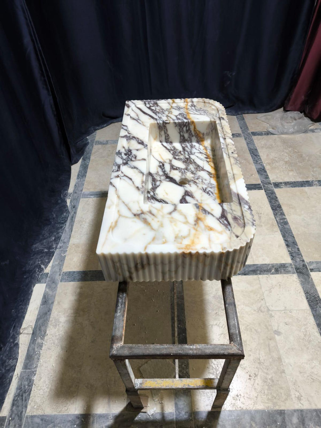 Hand Carved Calacatta Viola Marble Sink: Fluted Vessel Washbasin