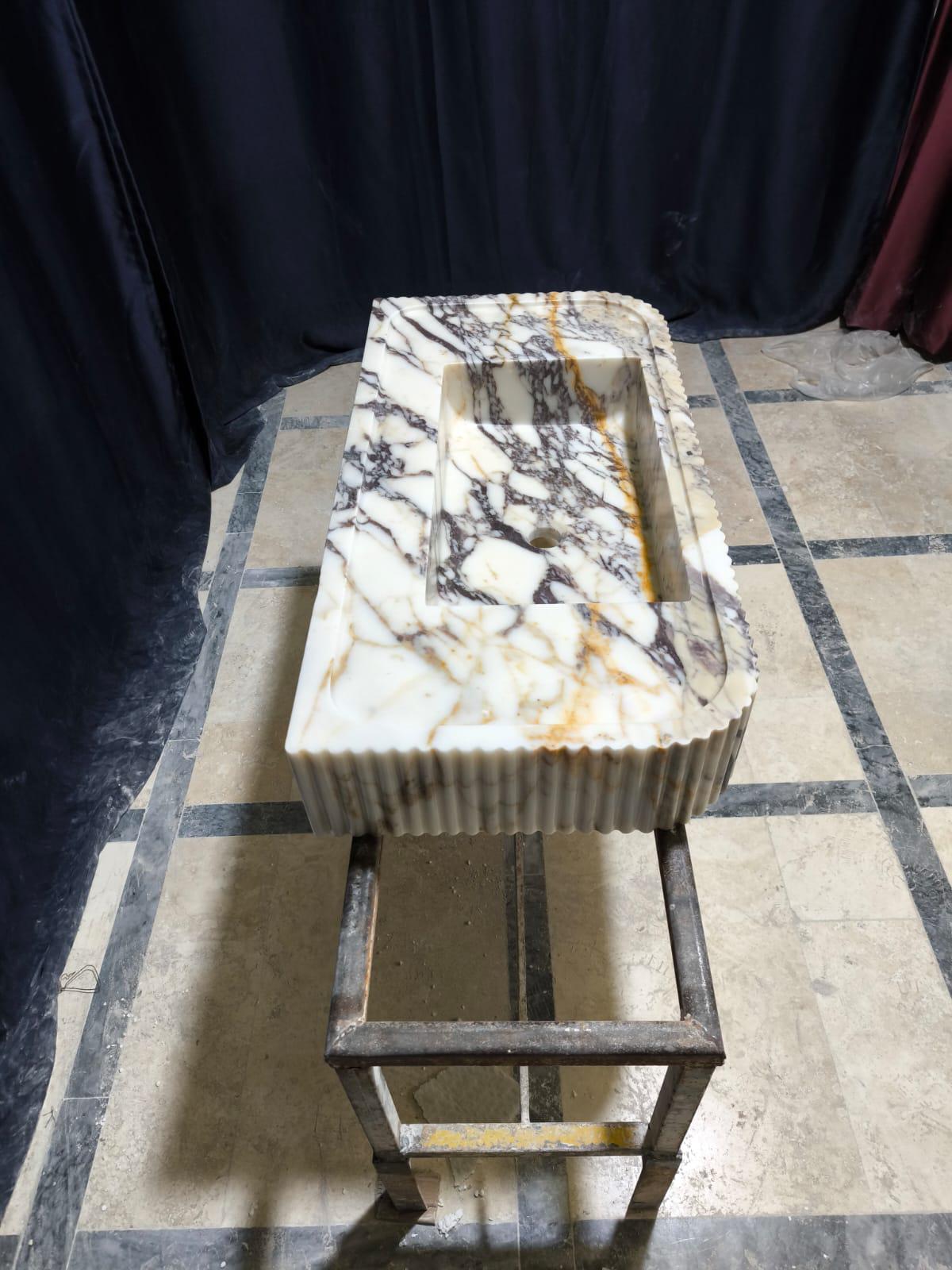 Hand Carved Calacatta Viola Marble Sink: Fluted Vessel Washbasin