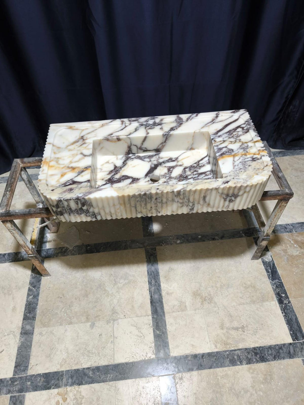Hand Carved Calacatta Viola Marble Sink: Fluted Vessel Washbasin