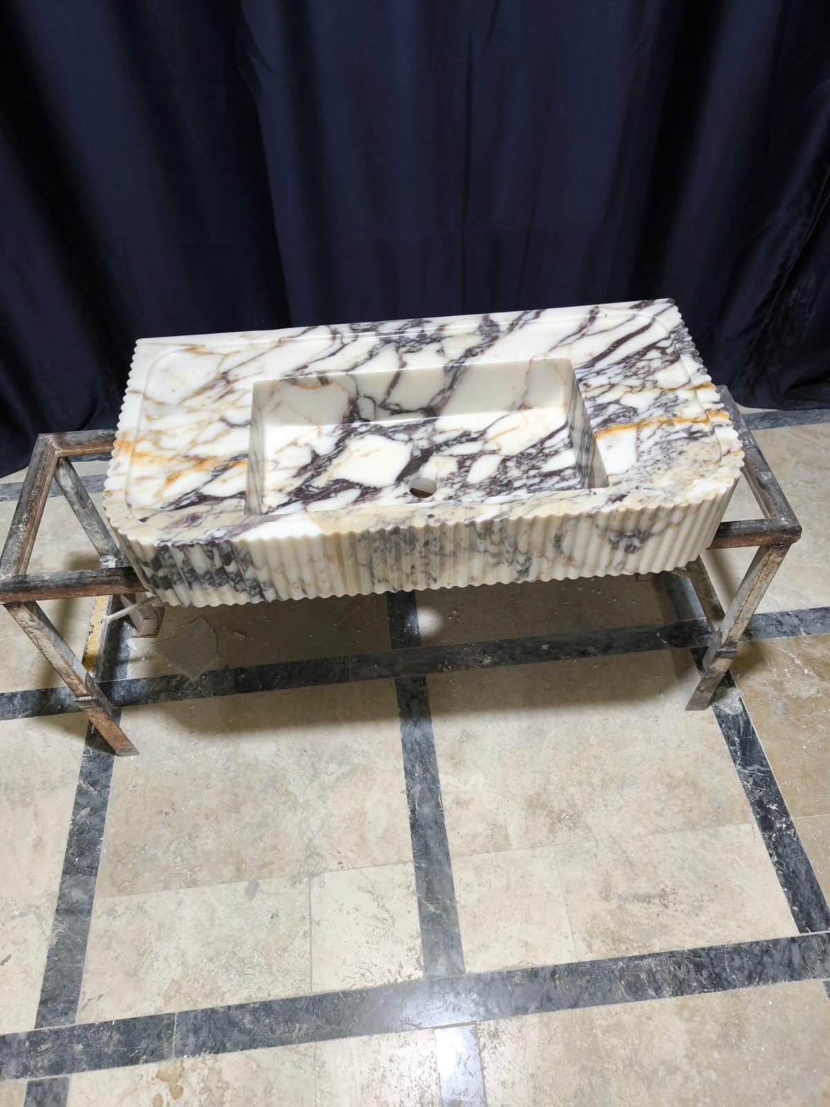 Hand Carved Calacatta Viola Marble Sink: Fluted Vessel Washbasin